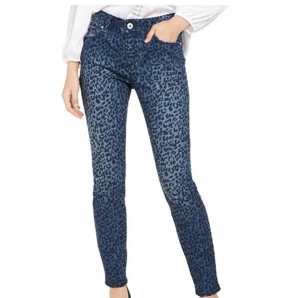 INC International Concepts Blue Leopard Print Skinny Jeans Size 4